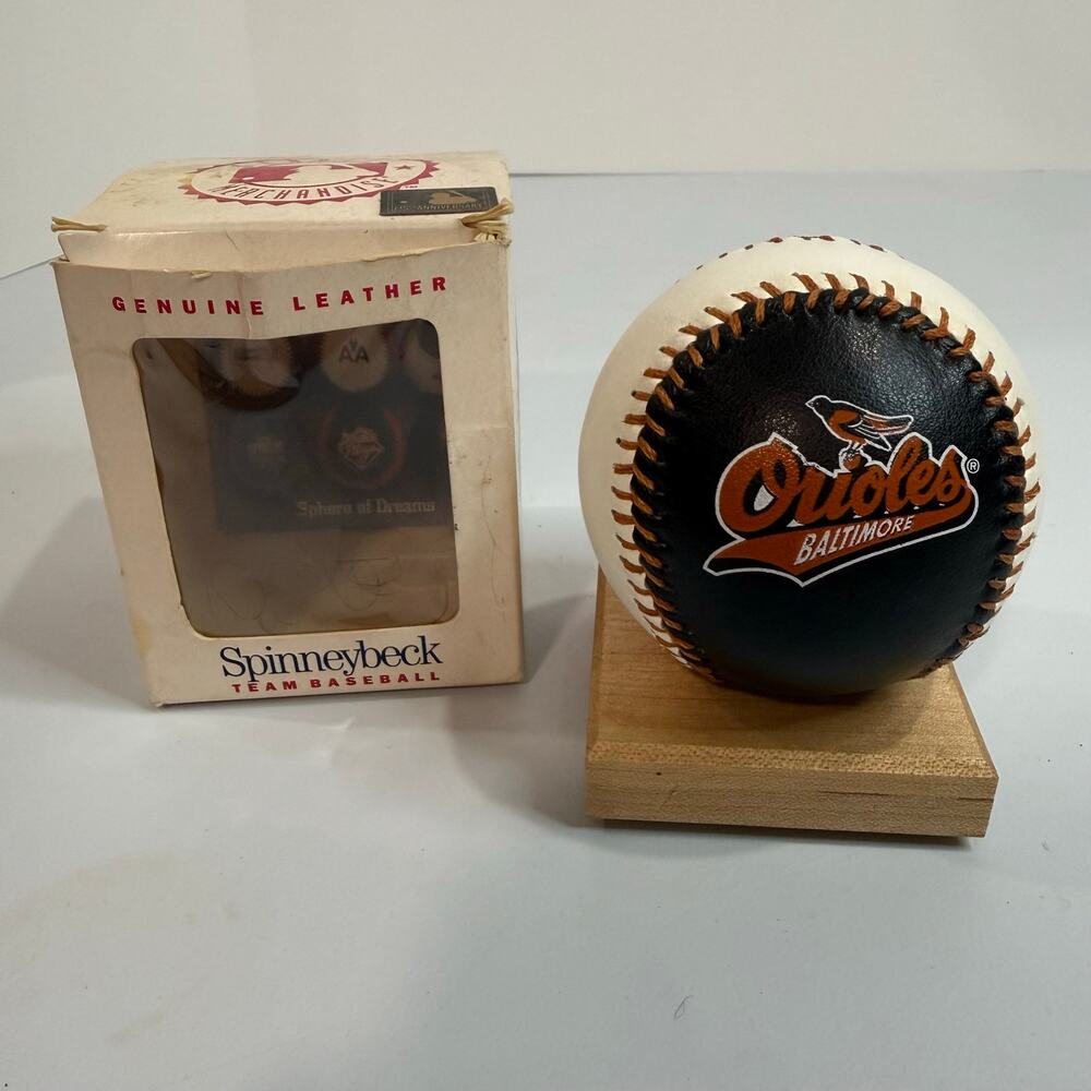 Vintage Baltimore Orioles Spinneybeck Genuine Leather Baseball w Stand Box MLB
